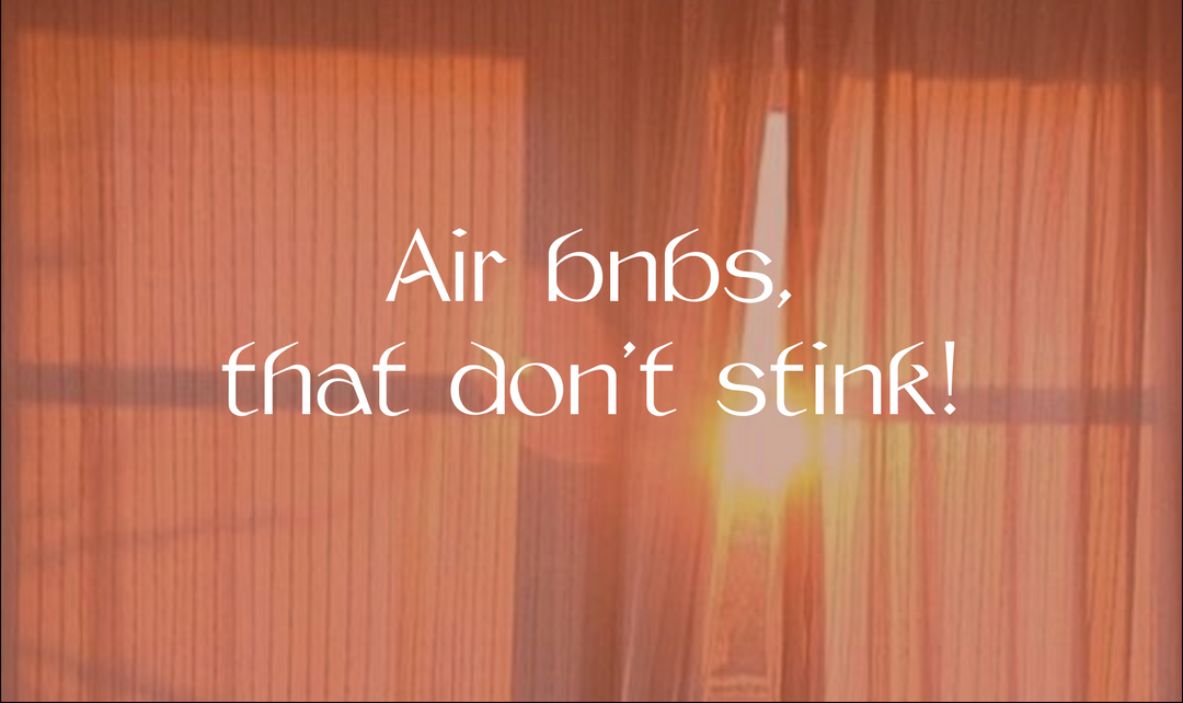 sunrise through pink curtains. Text: Air bnb's that don't stink! 
